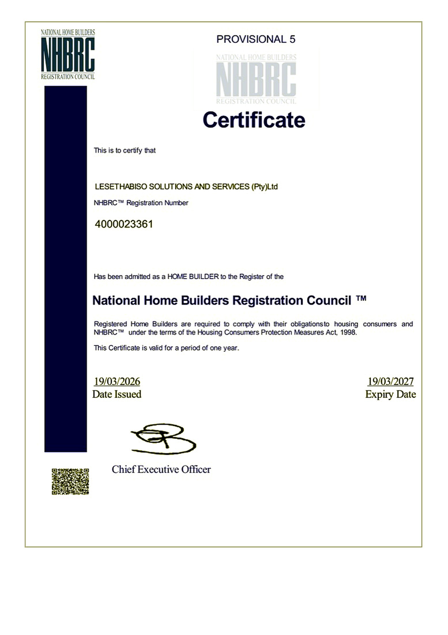 Preview of the supplied NHBRC certificate for Lesethabiso Solutions and Services