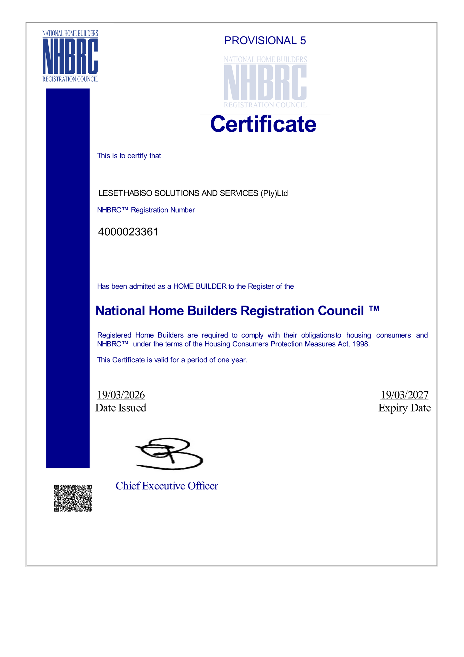 NHBRC certificate preview