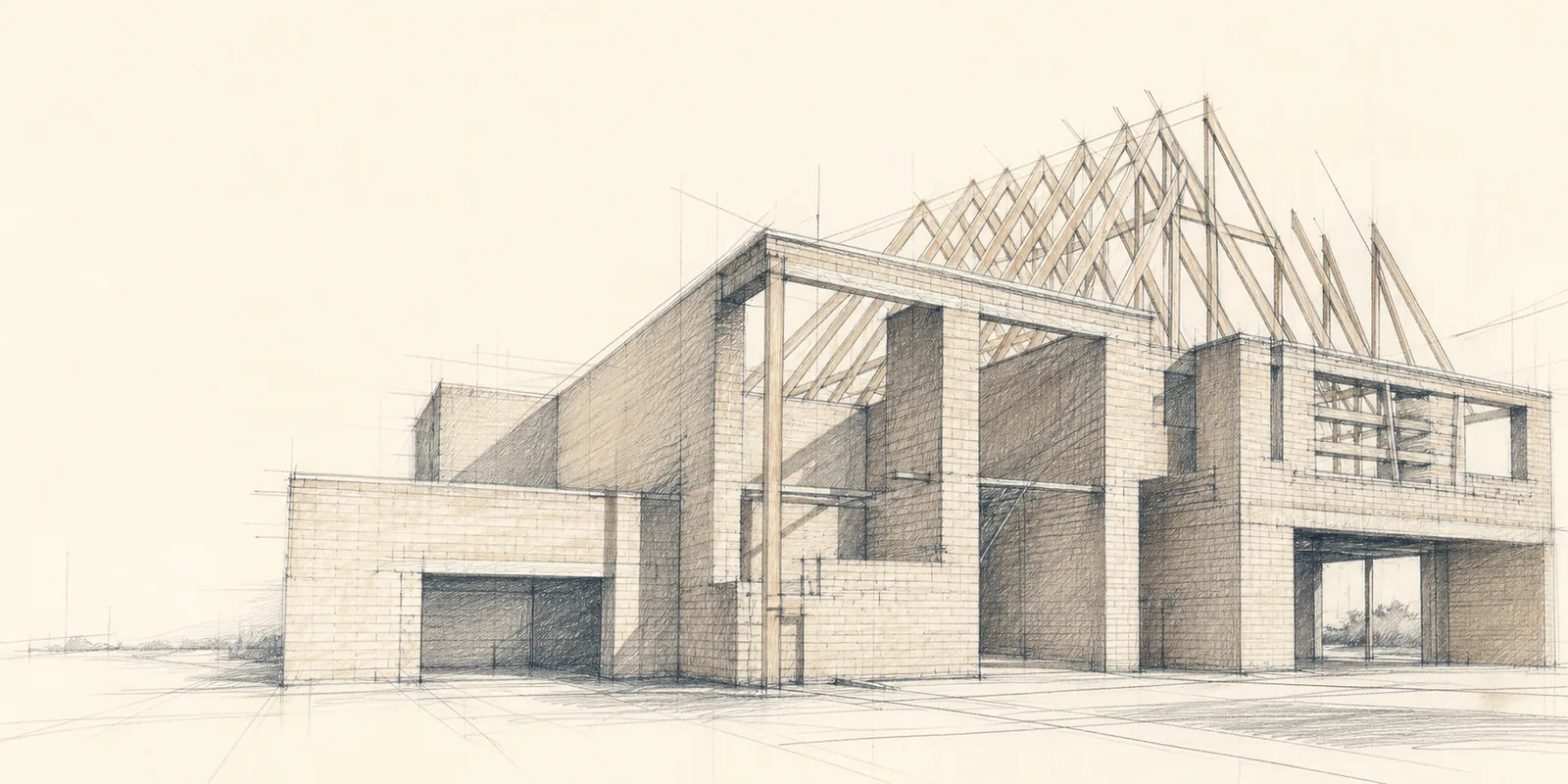 Architectural pencil study of a building shell and roof framing