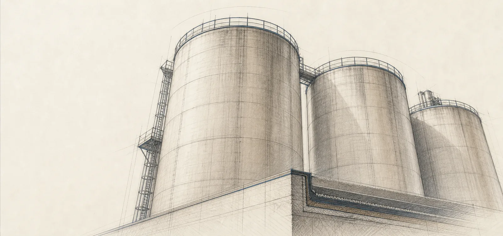 Architectural pencil study of industrial silos and a waterproofing roof detail
