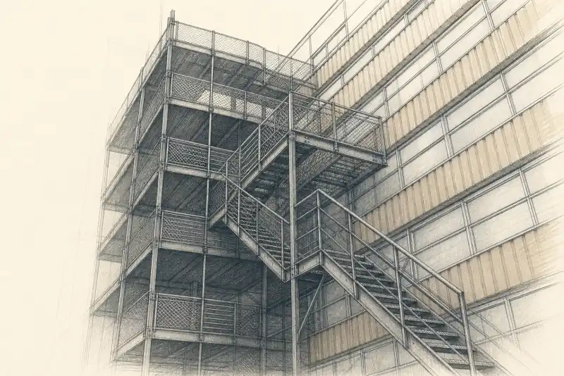 Architectural pencil study of steel access-stair rehabilitation