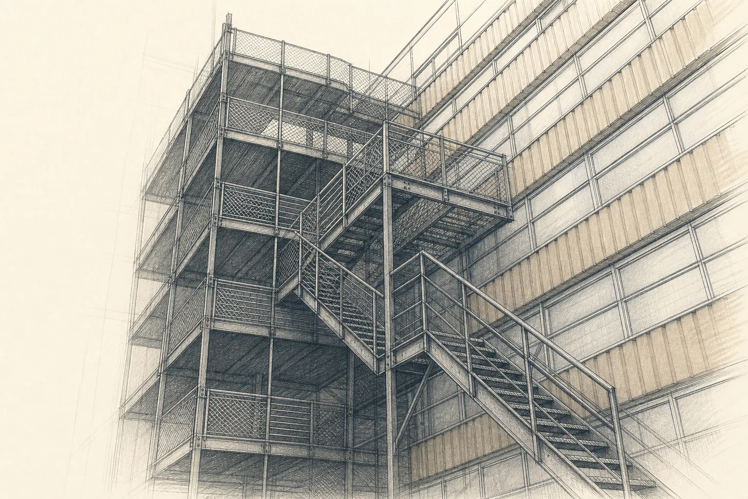 Architectural pencil study of a multi-storey steel access stair